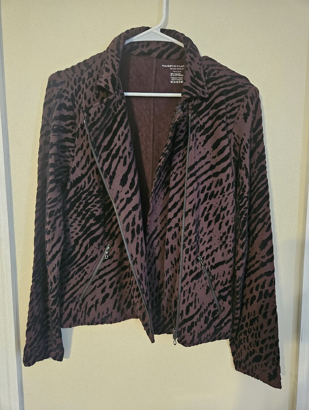 Majestic Filatures French Terry Velvet Leopard Moto Jacket. Large